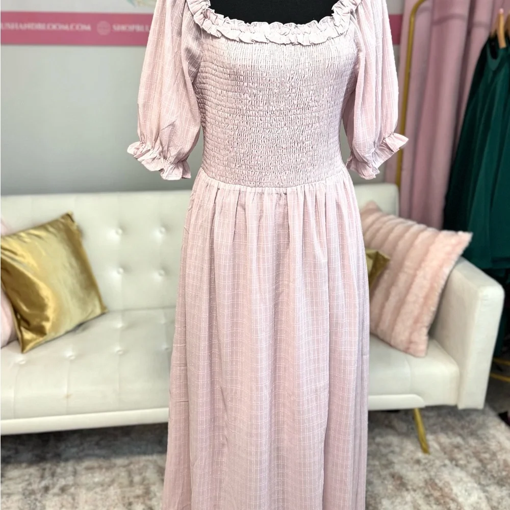 Blush Pink Smocked Maxi Dress Slit Sleeve | Cottagecore Spring Size M - Picture 5 of 7